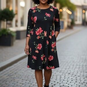 Joy Joy XS Black Floral Dress Criss Cross Back Long Sleeve